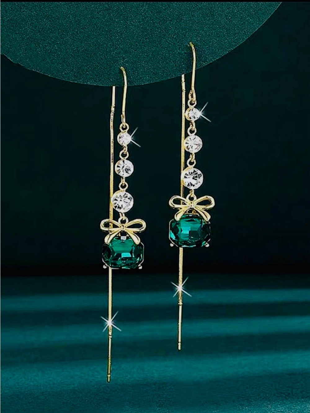Gold Bow Emerald Gemstone Drop Earrings NEW 🏷️